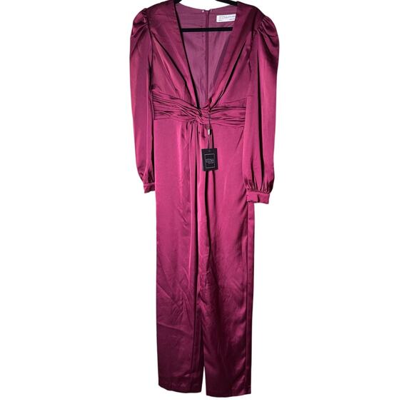 NWT Ieena for Mac Duggal Front Twist Puff Sleeve Deep V Jumpsuit Ruby Size 6 - Picture 6 of 8